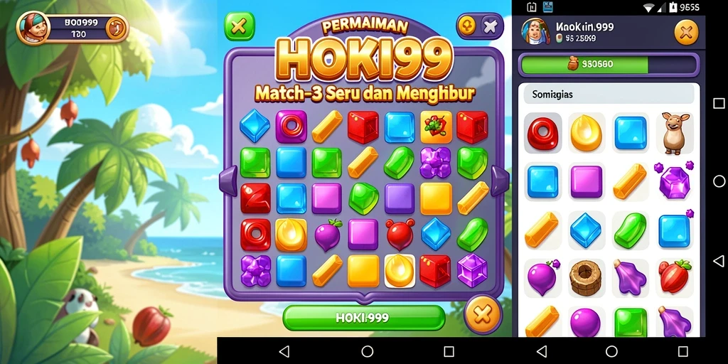 Screenshot HOKI99 menampilkan permainan Match-3 yang ceria dan penuh warna.