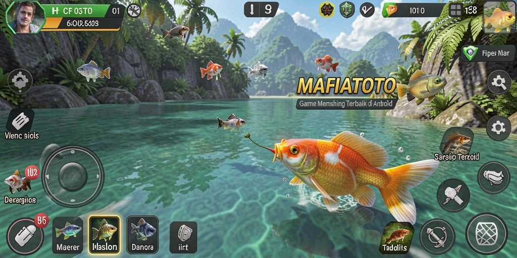 Screenshot MAFIATOTO menampilkan pemain sedang memancing di laut dangkal.